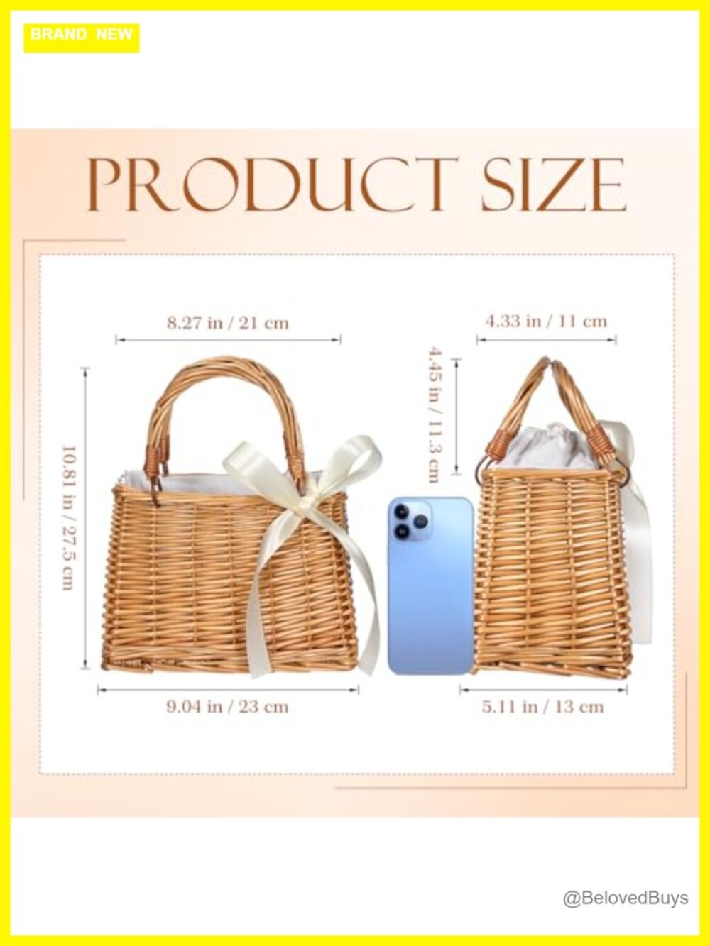 Rattan Straw Tote Bag, Boho Beach Purse with Top Handles & Satin Ribbon - Picture 3 of 7
